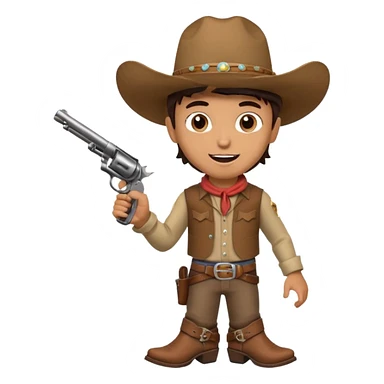 A young cowboy with oversized boots, excited expression, and a tiny toy revolver.
 sticker