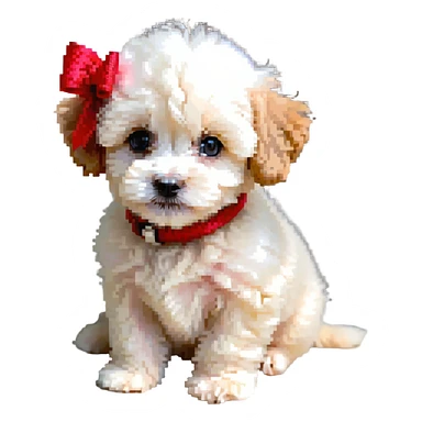 small chibi Maltipoo puppy, cream color, pixel art emoji, sparkling eyes, fluffy, sitting, pastel tones, high detail but emoji-simplified, 64x64 sticker