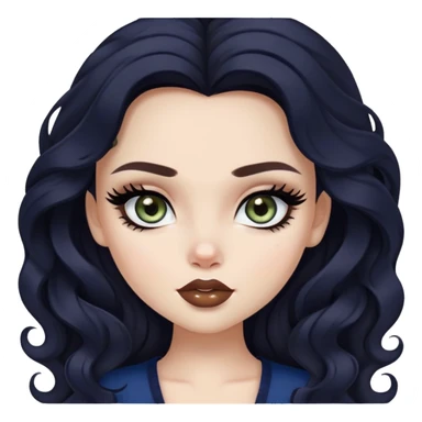 pretty bratz baddie, black eyeliner, pale skin, dark brown clong wavy hair, dark blue  eyes sticker