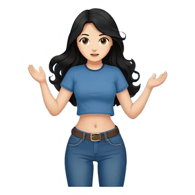 Fair skin girl - long black hair, big waves - wearing a brown navel-baring short-sleeved shirt - blue jeans sticker