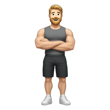 Full height Actively gesturing with hands Pale skinned Fit Man With the biceps and brown hair in dark gray Sleeveless Mike, black oversize sports shorts and white Sneakers sticker