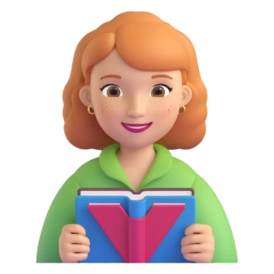 light-skinned woman in her 40s, strawberry blonde page haircut, round face, freckles, smiling, holding a book sticker