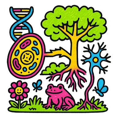 A realistic biological illustration (like in a school book) showing: DNA strands transitioning into a tree, cells with visible organelles, neurons connected to plant roots  and a balanced ecosystem background . Seamless integration, no labels or borders, complete white background (not off white!), detailed but minimalist.  sticker