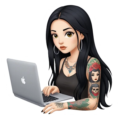 beautiful girl with tattoos, with long black hair, typing on laptop sticker