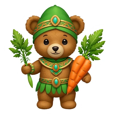 teddy bear, wearing green mayan ancient custome, with carrot sticker