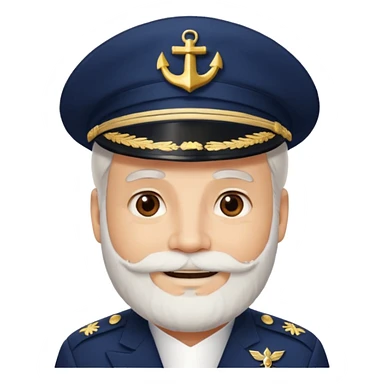 A light-skinned mid-aged man with brown eyes and white beard, smiling while wearing a white captain’s hat with a navy emblem. sticker
