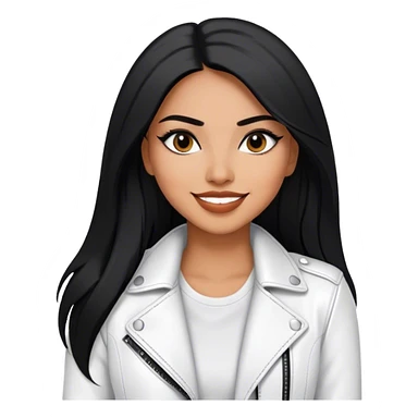 beautiful fit woman, with long straight black hair, with make up, black eye liner, smile mooth close, mexican, brown skin, wearing casual white outfit and leather black jacket, flirting sticker