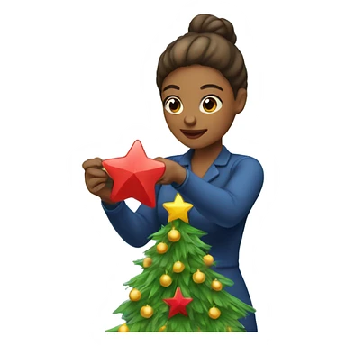 woman putting star on christmas tree sticker