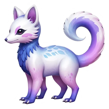  Hyper-realistic Shiny iridescent glossy oily smooth silky soft White with indigo-Violet-purple-pinkish-gradient markings beautiful handsome gorgeous aesthetic colorful vibrant Vernid-Trico-species-Fakemon-creature by LiLaiRa, 4 legs, 1 tail, random markings, (full body) sticker