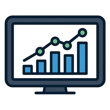 clean modern KPI dashboard icon, flat vector style, rectangular screen with dark navy or black frame, white or light gray background inside, rising bar chart with four bars of varying height in single accent color blue or green, line graph overlay with data points, analytical tech-savvy minimal business metrics data tracking sticker