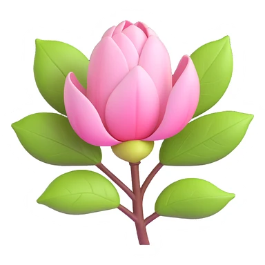 3D icon of a magnolia bud with pinkish tint and glossy green leaves, modern look sticker