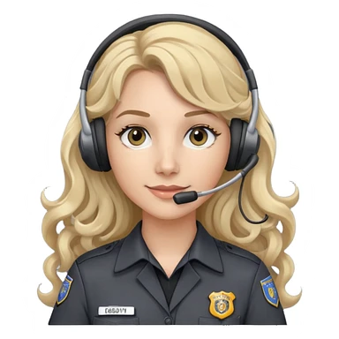 911 dispatcher dark gray uniform, gray eyes, long curly blonde hair, head set sticker