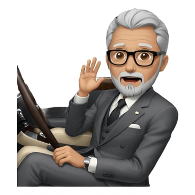 Professor Bentley Dyed black gray hair  frencb beard graying indian guy in suit sitting in a bentley car and screaming fraud. Older look around 60 yrs  with glasses slight balding sticker