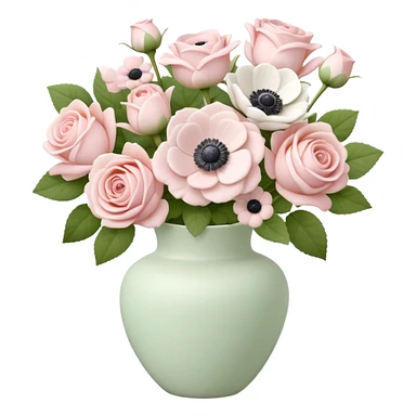 light pink roses and white anemone flowers bouquet in ceramic clay vase, soft sticker