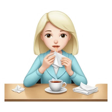 хвора дівчина сидить в офісі за столом, у неї в руках хустинка, на столі серветки, чай sticker