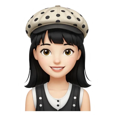 pinterst girl with heavy bang, black long strait hair and black pica dot newsboy cap on her hat, wearing white sleeveless  sticker