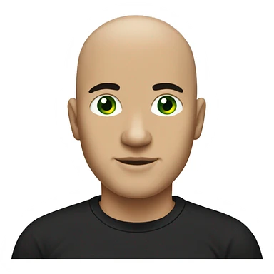 bald young guy with white eyebrows, green eyes and in black t-shirt sticker