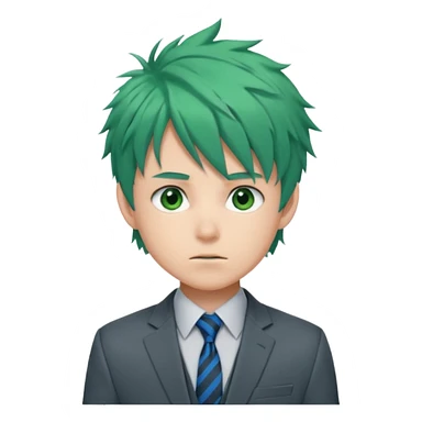deku : boy anmie green hair green eyes in a ua gray jacket and blue tie suit with frenkles messy hair and black on the bangs sticker