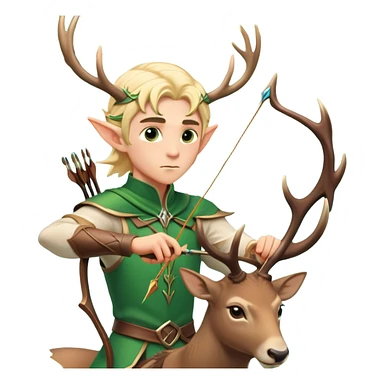 clash-of-clans-aesthetic-blond-male elf-archer-portrait-emoji, rendered in a flat, vector-style with minimal shading and bold holding his bow, simplified shapes, head tilted slightly forward with a determined, focused expression, riding a majestic stag whose antlers glow with mystical energy, set against an ancient, enchanted forest backdrop. sticker