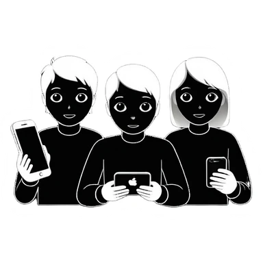 Minimalistic flat vector icon, iOS style, thin black contour on white background. Three small developer silhouettes around a smartphone with code brackets <>. Clean, no text, no shadows. sticker