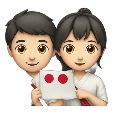 boy and girl holding Japanese flag sticker