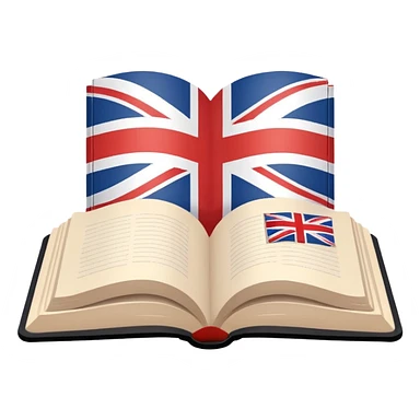 Minimalistic flat vector icon, iOS style, thin black contour on white background. Open book with a small UK/USA flag symbol. No text, no shadows. sticker