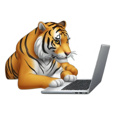 A tiger who study on a laptop with an "AVEX" sticker on it sticker