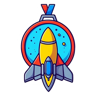 cartoon-style sci-fi medal for Star Citizen Hathor activity, features a star and spaceship, bright colors, exaggerated shapes, fun and eye-catching sticker