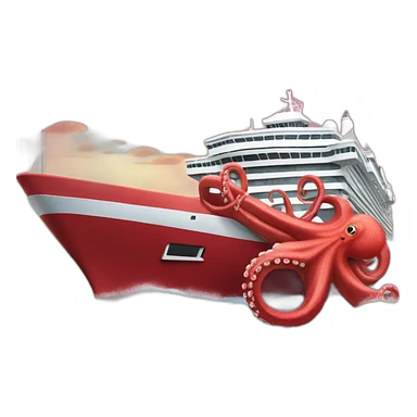 red cruise ship being enveloped by octopus sticker
