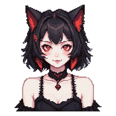 neko anime girl emoji, gothic black dress, glowing red eyes, fanged smirk, pale skin, cat ears, dark vibe sticker
