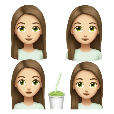 White girl with open brown hair and green eyes drinking matcha  sticker