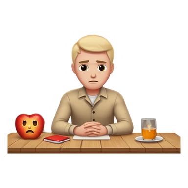 a man sits sadly at a table, a house burning fiercely behind him, apple style emoji sticker