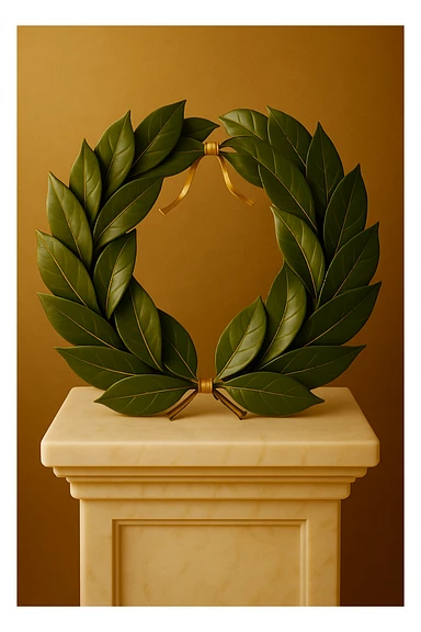 A realistic laurel wreath made of fresh or natural-looking laurel leaves, neatly woven into a circle. The leaves are glossy, rich green, with golden veins. The wreath is adorned with a thin golden ribbon tied in a bow at the back. The wreath is placed on a white marble pedestal or cushion. sticker