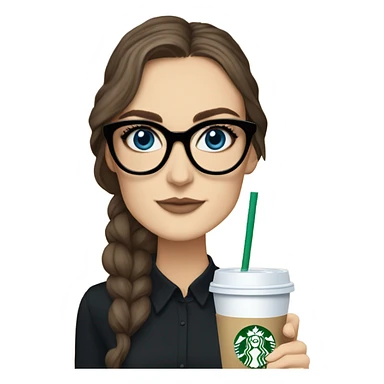 Photo of elegant Keira Knightly wearing black glasses and blue eyes holding Starbucks  sticker