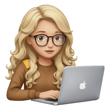 blonde girl with long dark blonde wavy hair, pantos-style glasses, a brown sweater, sitting and looking in laptop, soft pastel, upper body shot sticker