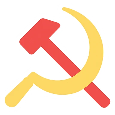 yellow sickle and hammer crossed over, red background, simple vector style sticker