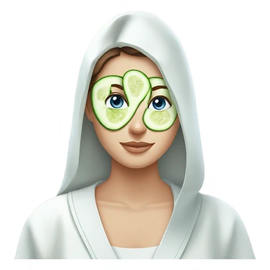 White girl with Brown hair and blue eyes wears a Green colored skincare textured mask and puts on cucumbers around her eyes while She relaxes in her white Robe sticker