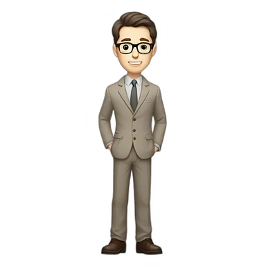 Full height Gesticulating Pale skinned fit man with dark brown hair in gray jacket, beige office shirt, brown tie, brown pants and vintage glasses. sticker