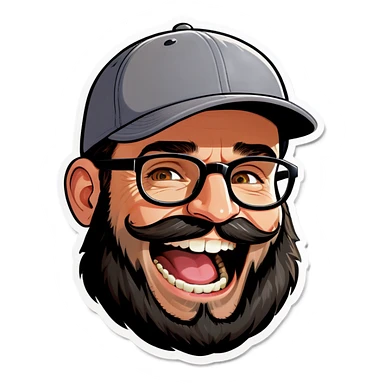 A man with a grey baseball cap, hazel eyes, big dark brown beard and glasses, laughing sticker