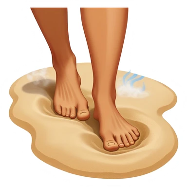 bare foot taking a step on extremely hot beach sand with heat waves and steam rising, showing discomfort without blood sticker