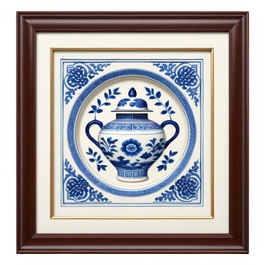 Cinematic Realistic image of exquisite blue and white porcelain, rendered with delicate, intricate patterns and fine textures, showcased against a classic Chinese backdrop with soft, refined lighting sticker