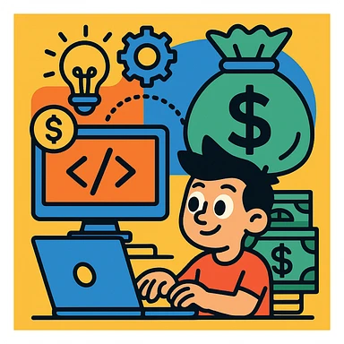 IT and money combined, playful cartoon style sticker