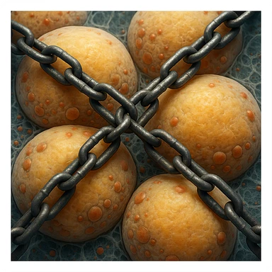 hyper realistic 4K adipocytes seen under microscope, blocked by metal chains, cellular details, scientific atmosphere sticker