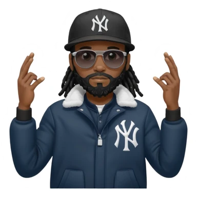 African American man with shoulder length black dreadlocks with black beard wearing black sunglasses wearing a New York Yankees logo baseball cap wearing a all dark black bubble winter coat flexing arms sticker