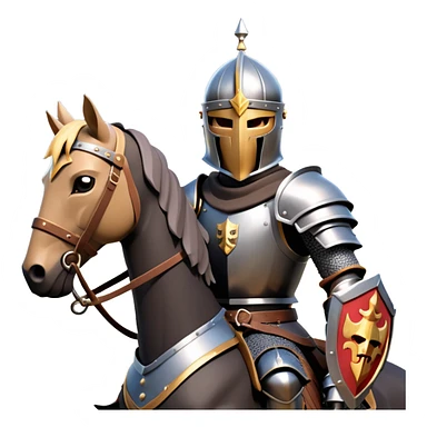 clash-of-clans-aesthetic_-cinematic-fearsome-and-majestic-knight-bust-portrait-emoji, rendered in a flat, vector-style with minimal shading and bold, simplified shapes, depicting a battle-ready medieval knight with steely eyes and intricate armor, riding on a black warhorse looking regal reflecting sunlight over a misty battlefield. sticker