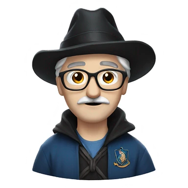 man with white skin,hair is straight and black, a black mustache, glasses, with a magic hat, ravenclaw sticker