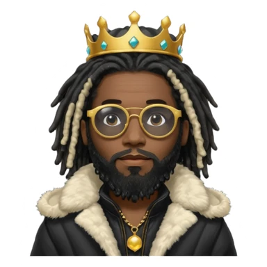 African American man with beardwith shoulder length black dreadlocks wearing black sunglasses with black bubble winter coat weariring a crown on his head sticker