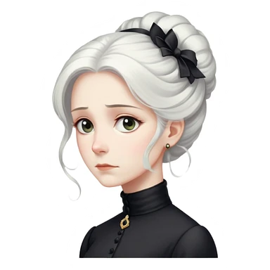 A Victorian woman with elegant coiffed white hair and light eyes wearing a modest unaccessorized black turtleneck mourning dress looking down with a forlorn expression sticker