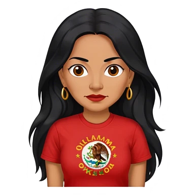 Realistic 50 year old Mexican woman long hair in a red “OKLAHOMA” t-shirt sticker
