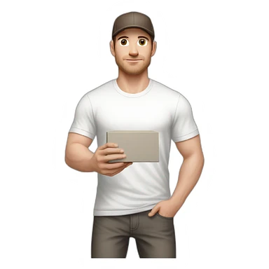 Pale skinned fit Man with dark brown hair in a light gray cap, dark brown jeans, brown polo and white T-shirt keeping a pasted with tape white box into his hands sticker